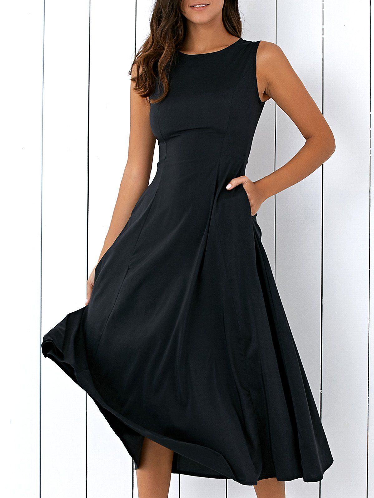 Casual Round Neck Sleeveless Loose Fitting Midi Dress For Women, BLACK
