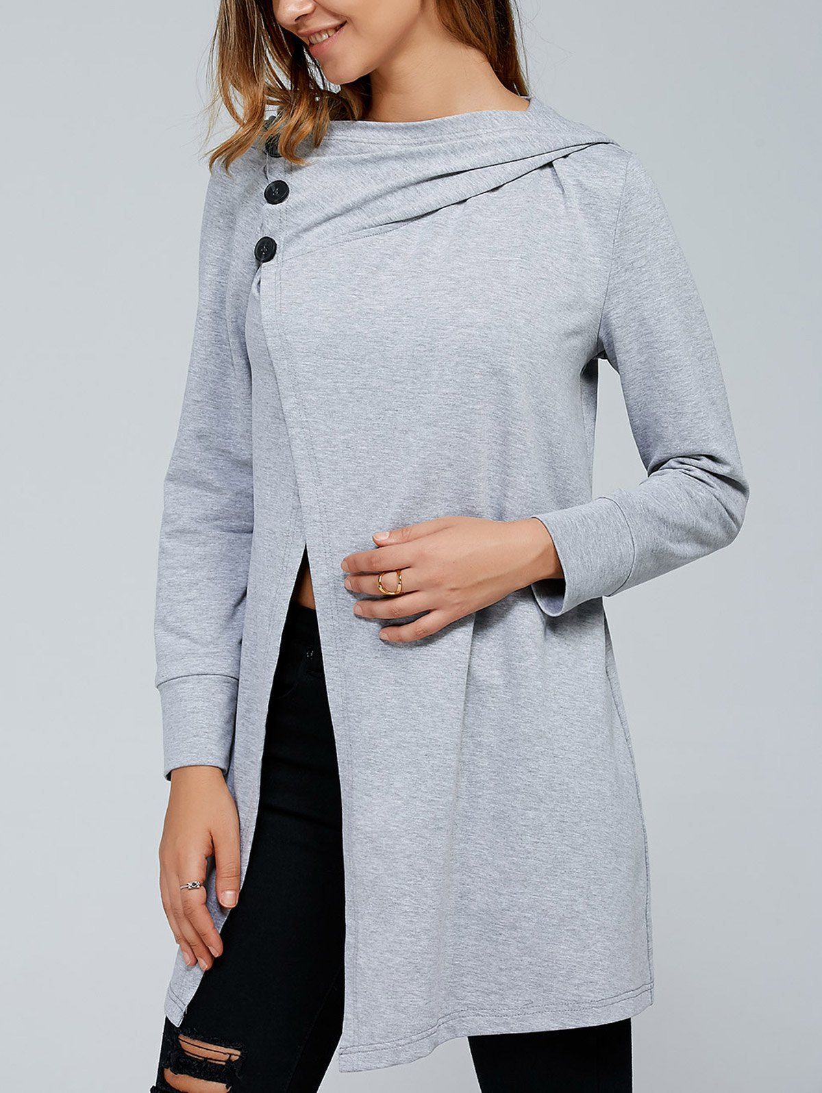 Inclined Button Front Slit Hoodie, LIGHT GRAY, M in Sweatshirts & Hoodies | 0