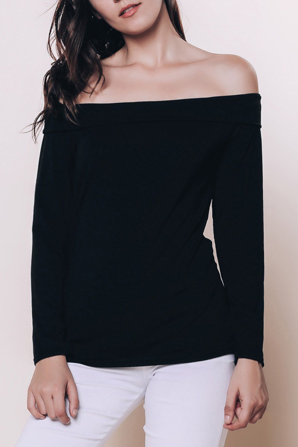 Sexy Black Off The Shoulder Long Sleeve T-Shirt For Women, BLACK, S in ...