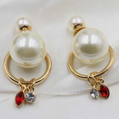 

Pair of Faux Pearl Crystal Circle Earrings, White