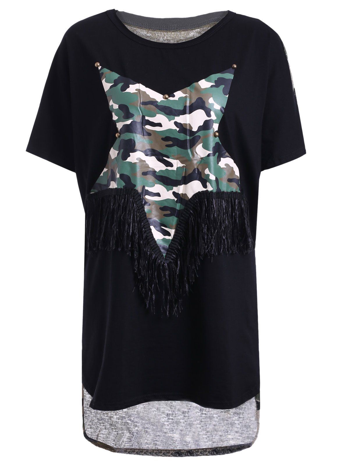 

Trendy Women's Jewel Neck Star Patchwork Camo Print Fringed T-Shirt, Black