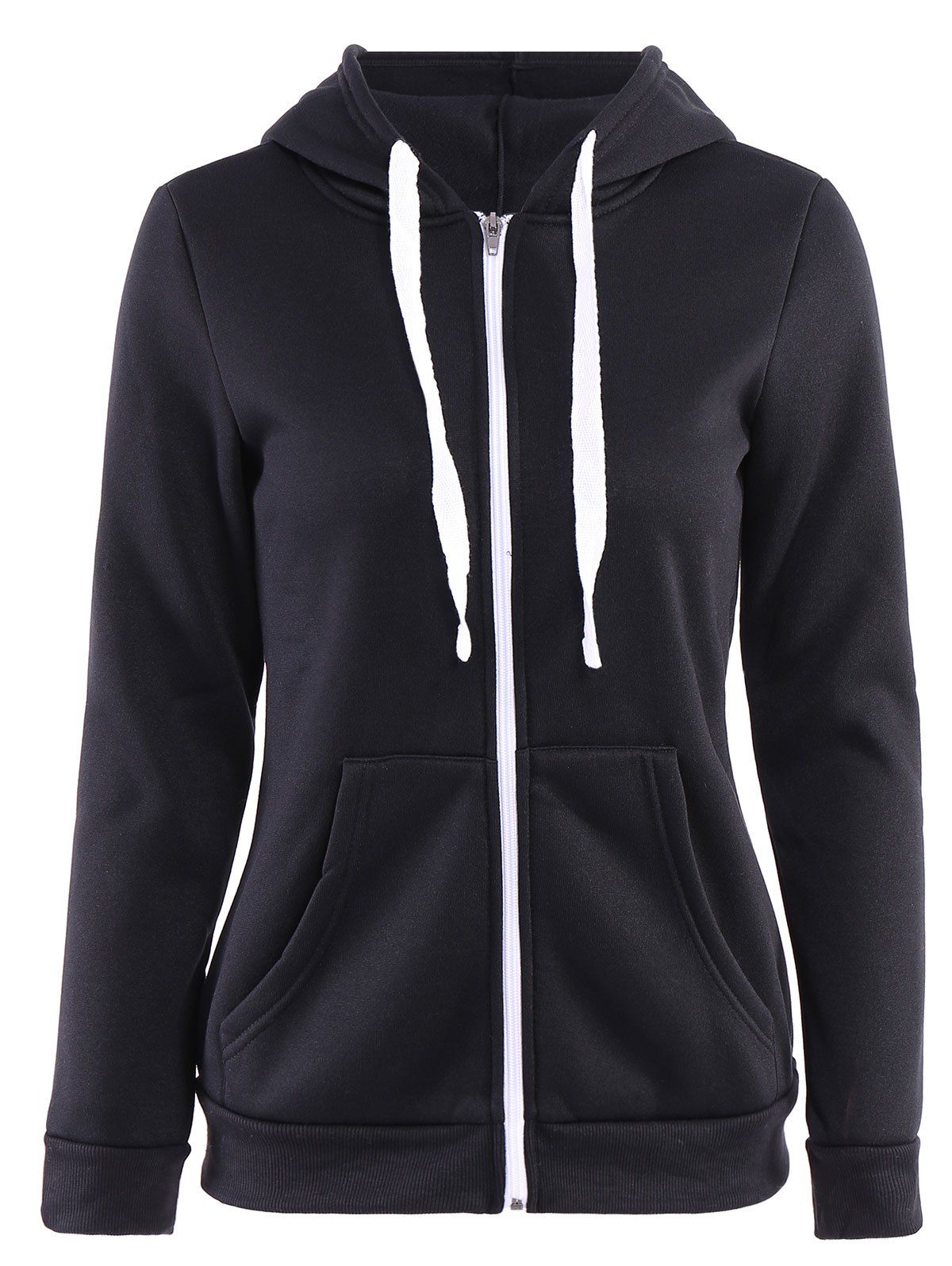 Stylish Hooded Long Sleeve Solid Color Zip Up Women's Hoodie, BLACK, L ...