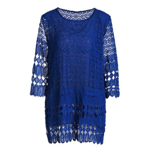 Stylish Women's Jewel Neck Loose-Fitting Lace Dress, BLUE, XL in ...