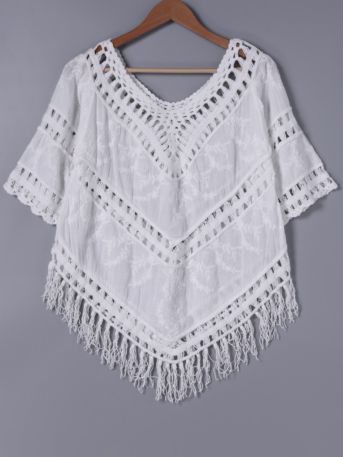

Stylish Women's V-Neck Crochet Panelled Embroidered Fringe Blouse, White