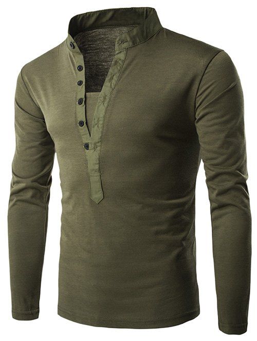 Long Sleeve Button Fly Grandad Collar T-Shirt, ARMY GREEN, XL in Long ...