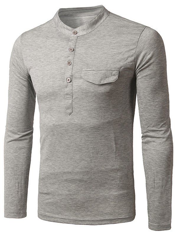 Grandad Collar Long Sleeve Faux Pocket T-Shirt, LIGHT GRAY, XL in Long ...