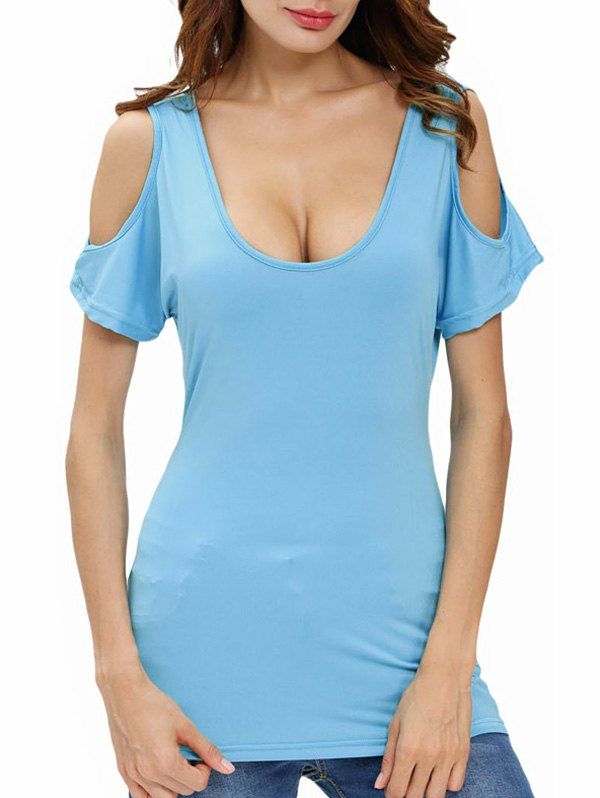 Cut Out Shoulder T-Shirt, LAKE BLUE, S in Tees & T-Shirts | DressLily.com