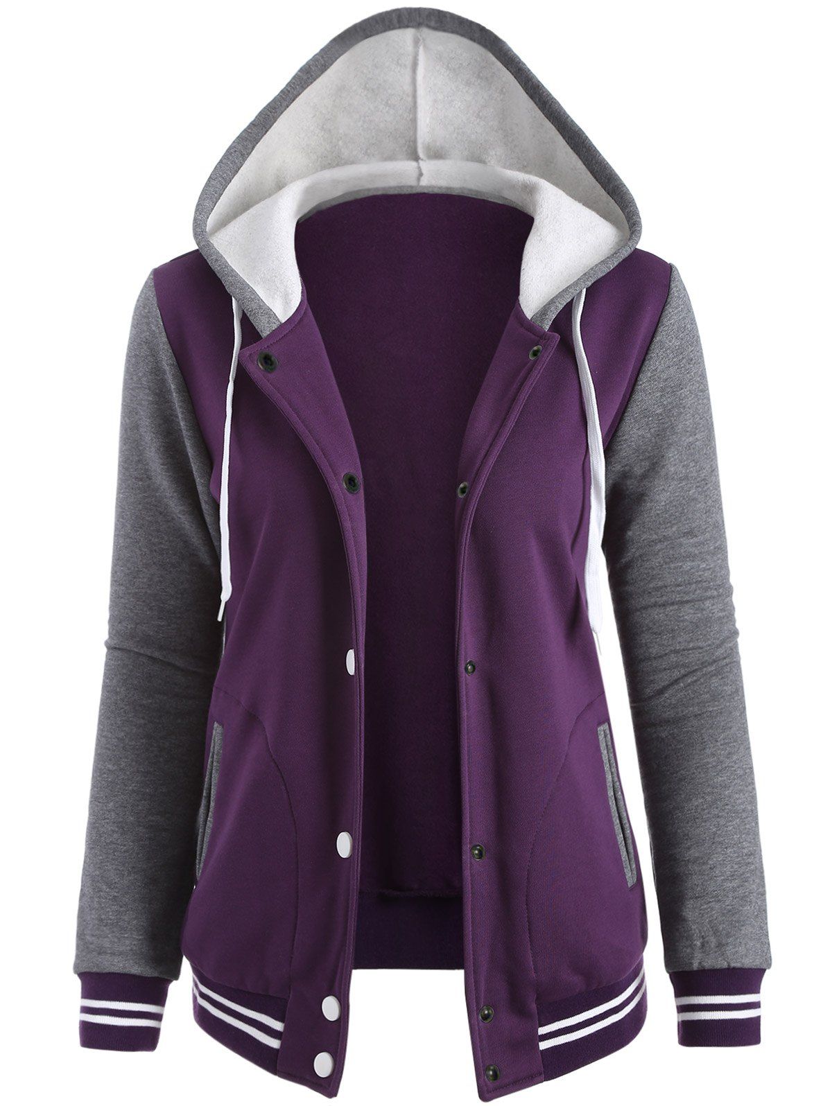 Contrast Sleeve Fleece Baseball Purple Hoodie Jacket, PURPLE, XL ...