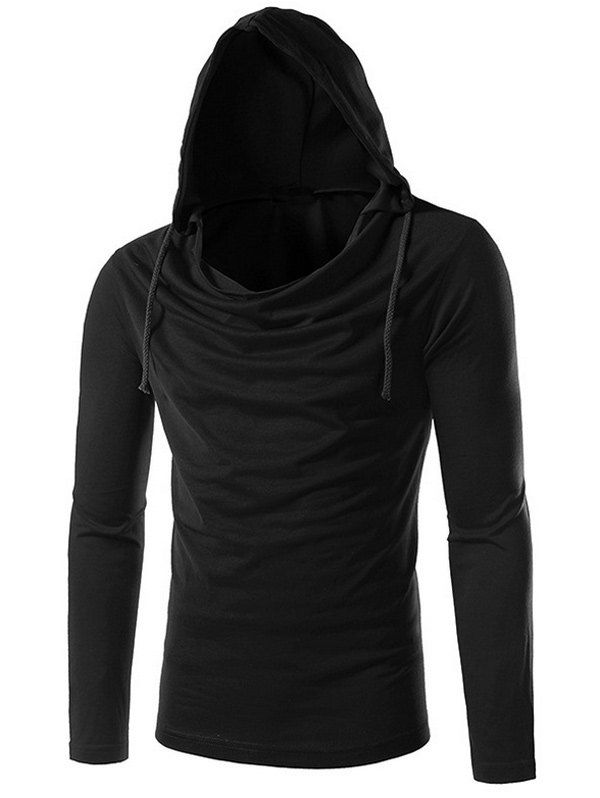 Plain Long Sleeve Drawstring Hooded T-Shirt, BLACK, XL in Long Sleeves ...