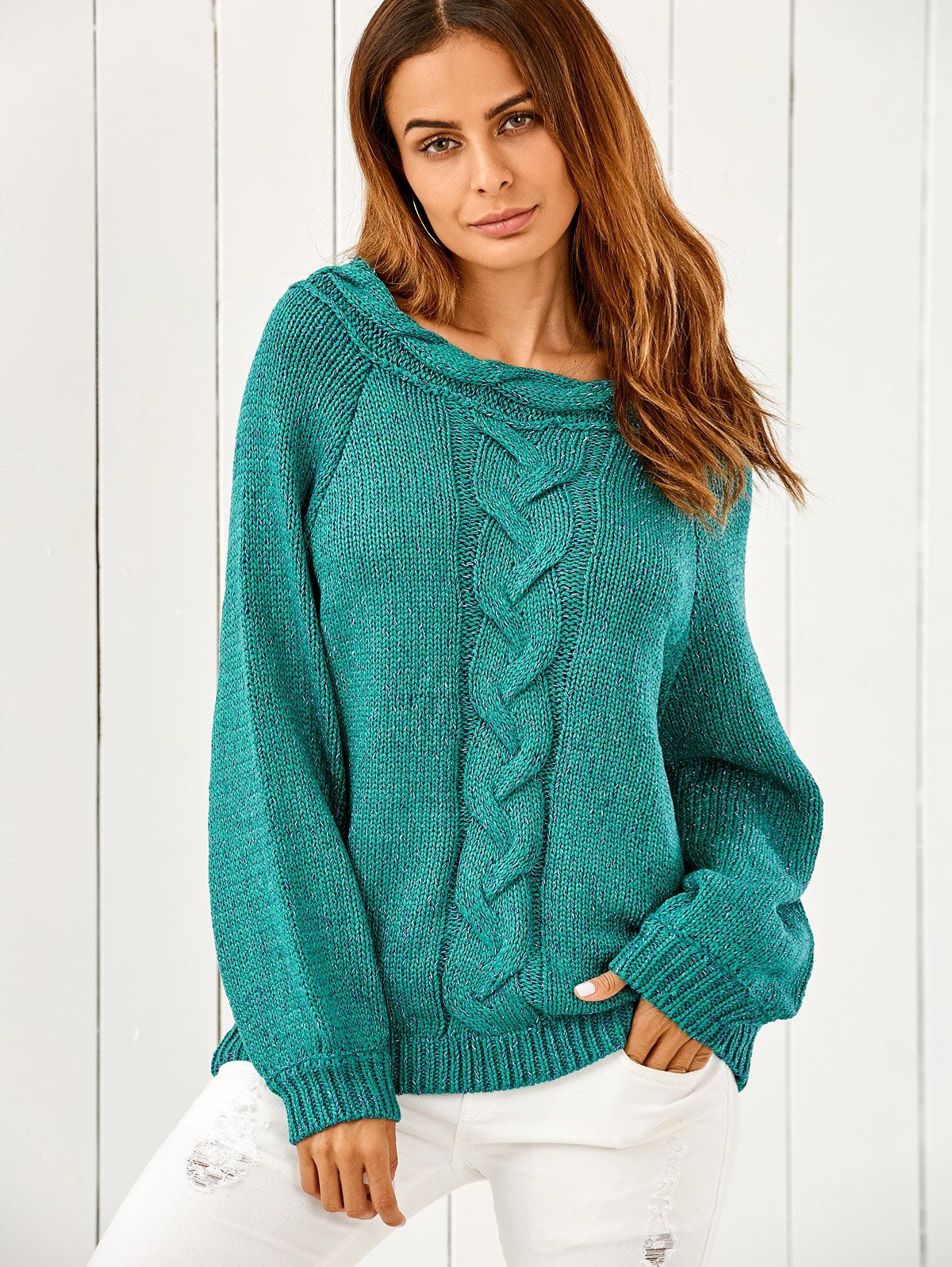 Puffed Sleeve Cable Knit Oversized Sweater, GREEN, ONE SIZE in Sweaters ...