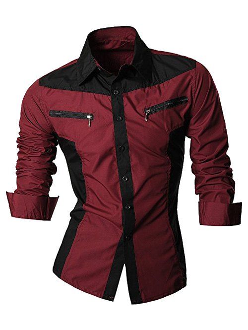 Color Block Long Sleeve Zipper Embellished Shirt, WINE RED, M in Shirts ...