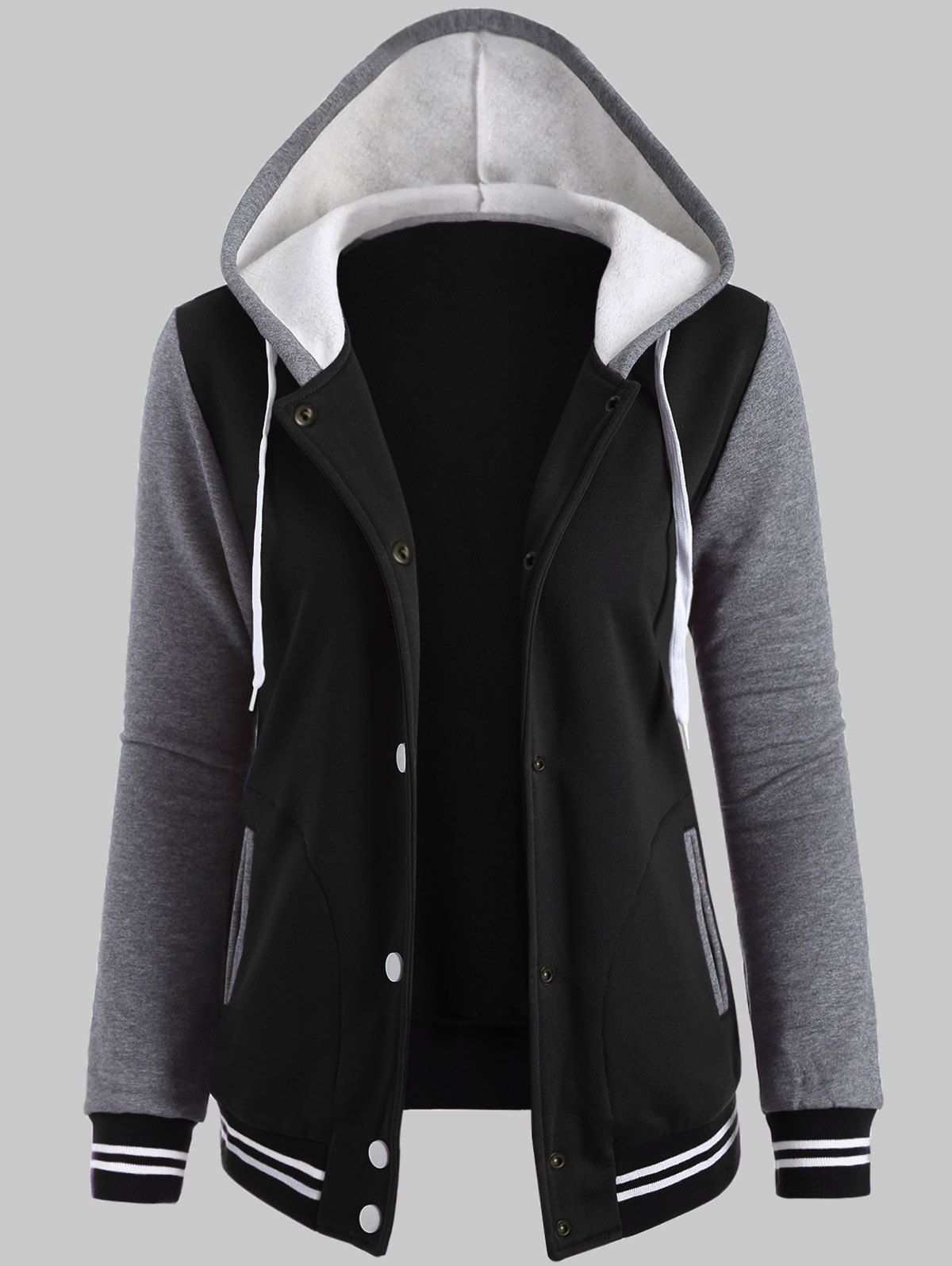 Fleece Baseball Jacket with Hood, BLACK, XL in Plus Size Outerwear ...
