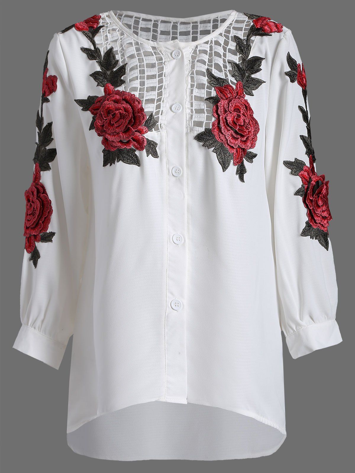 Openwork Rose Embroidery Blouse - WHITE L