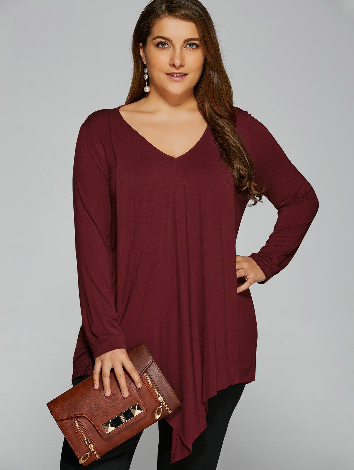 Plus Size Long Sleeve Asymmetrical T-Shirt, WINE RED, XL in Tops ...