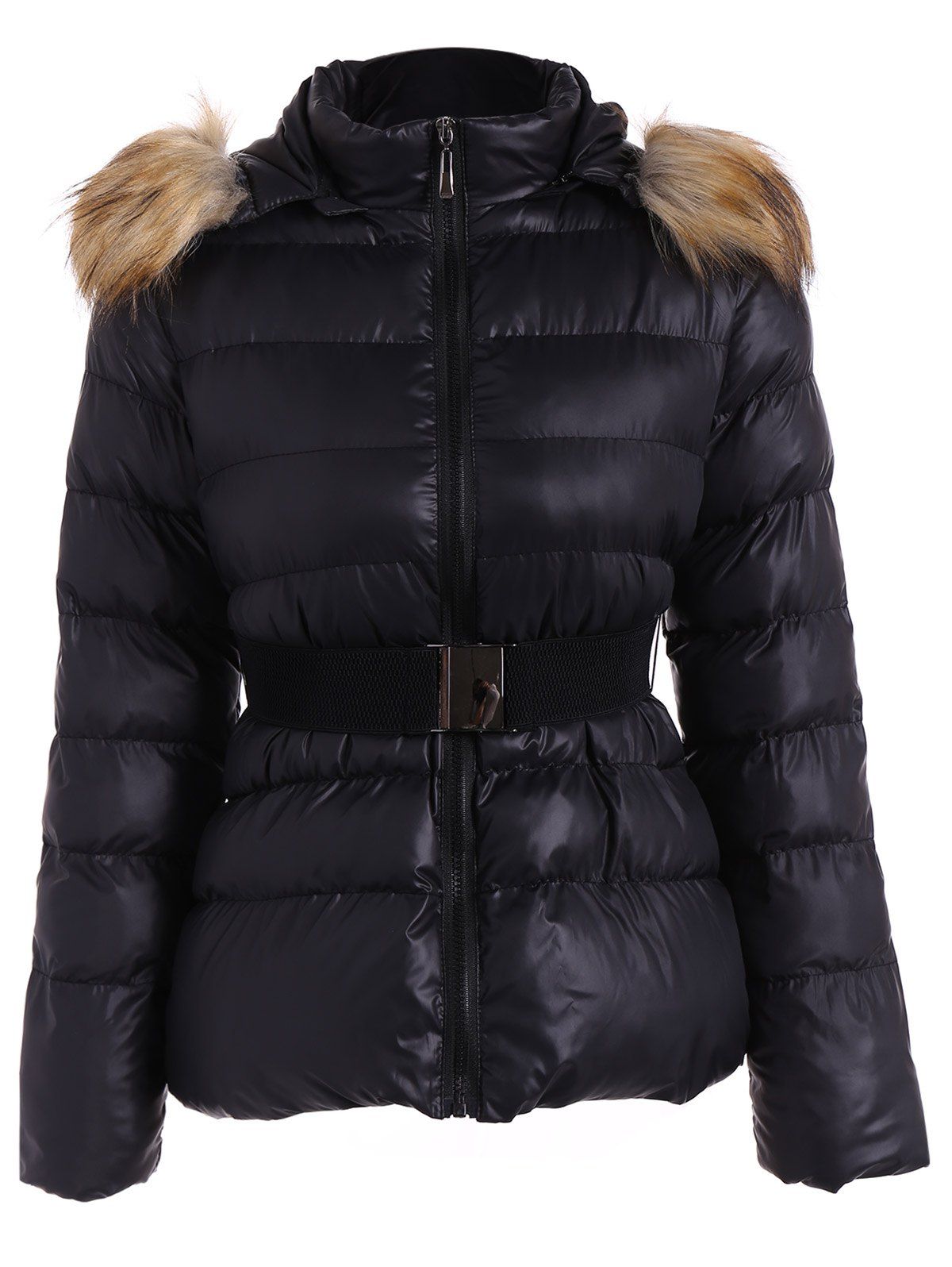 Belted Furry Hooded Puffer Jacket, BLACK, L in Jackets & Coats ...