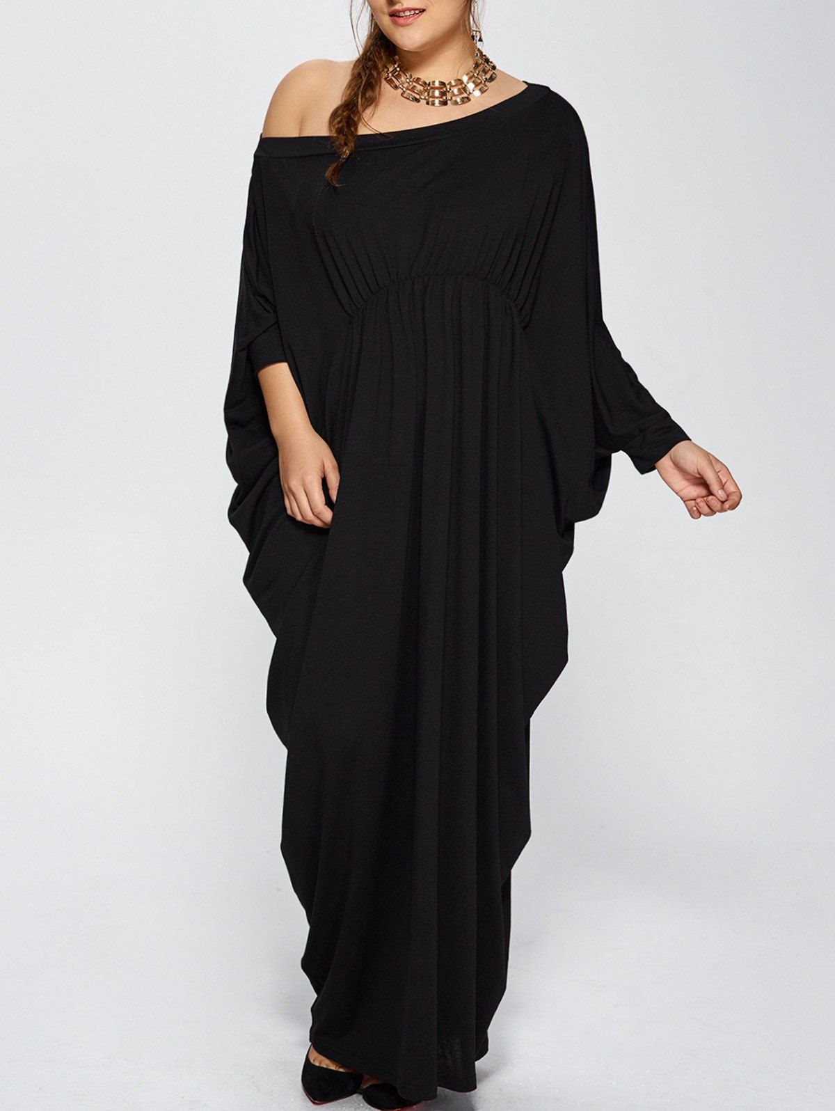 Plus Size Skew Neck Batwing Sleeve Maxi Dress, BLACK, XL in Plus Size