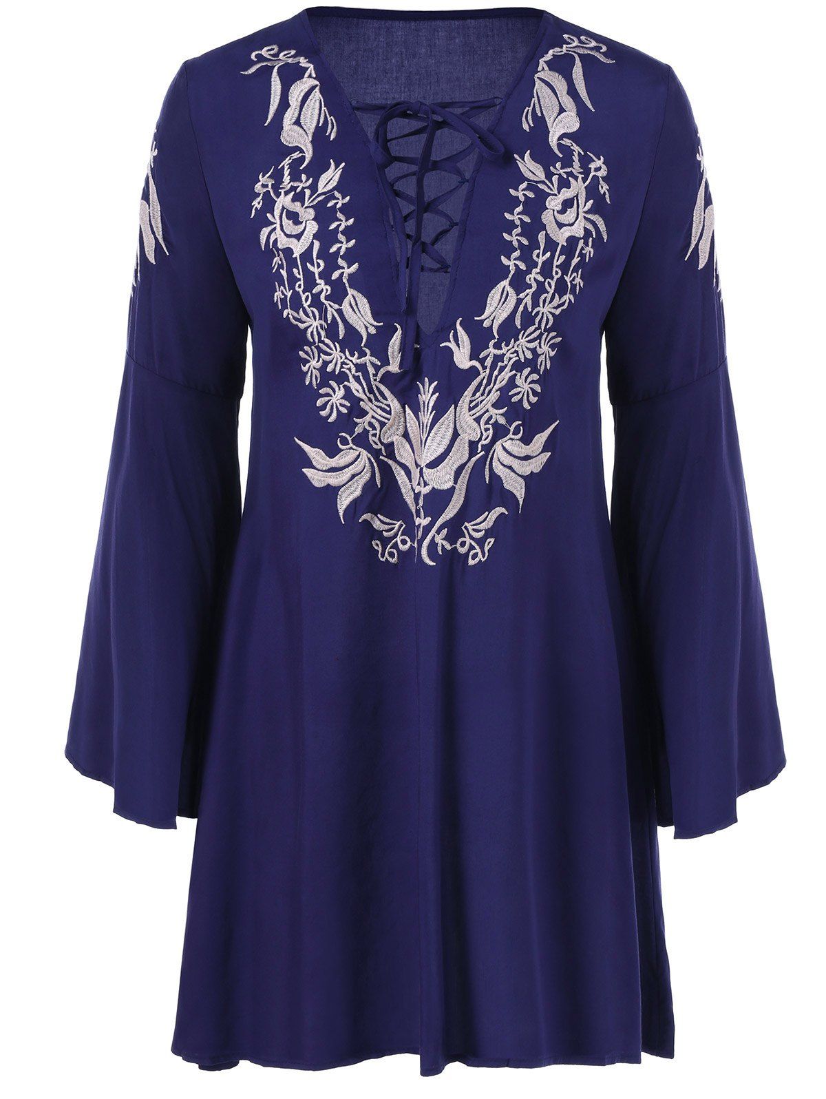 

Embroidery Fit and Flare Bell Sleeve Dress, Purplish blue