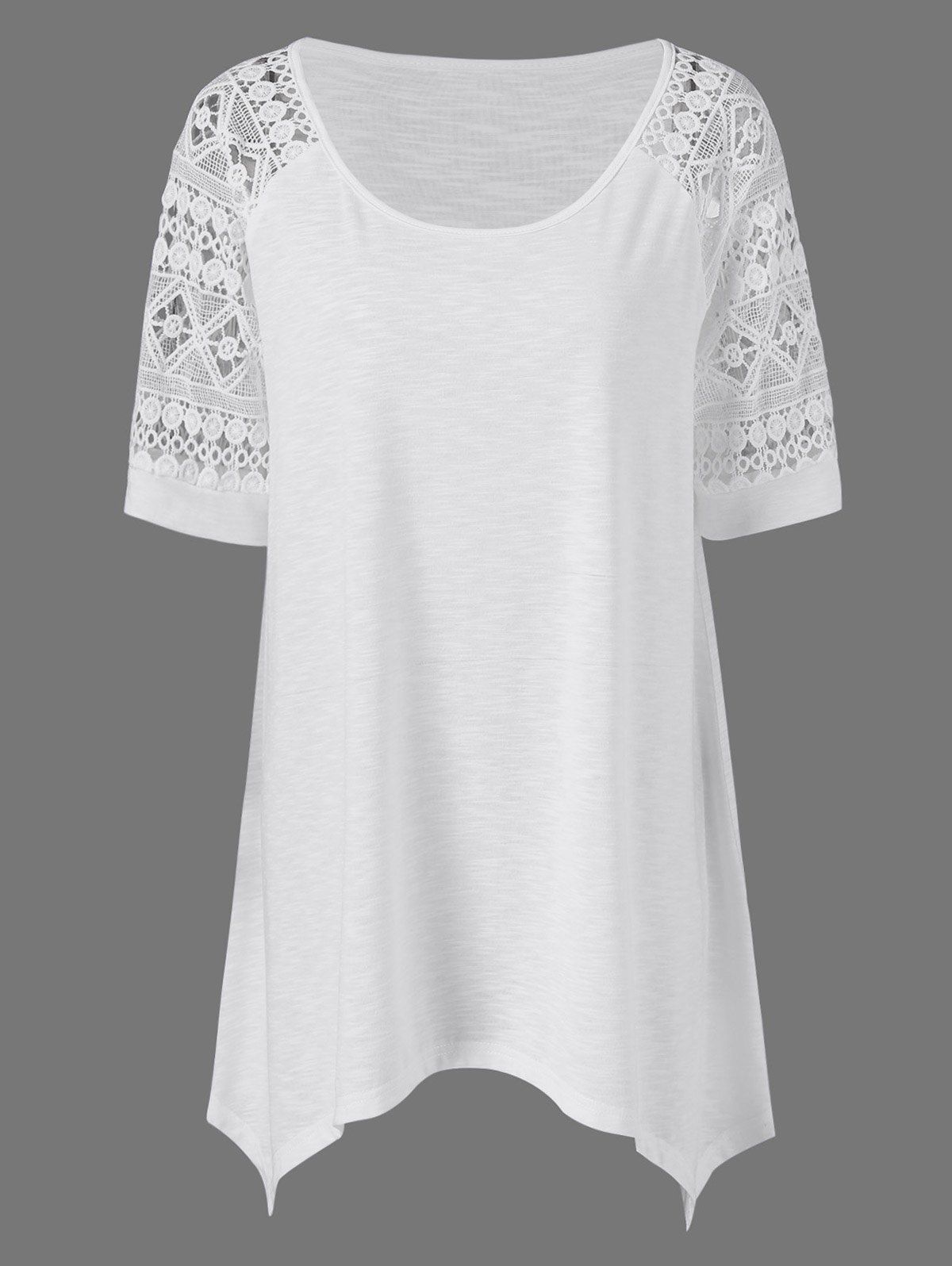 Plus Size Raglan Sleeve Crochet Trim Long T-Shirt - WHITE 2XL