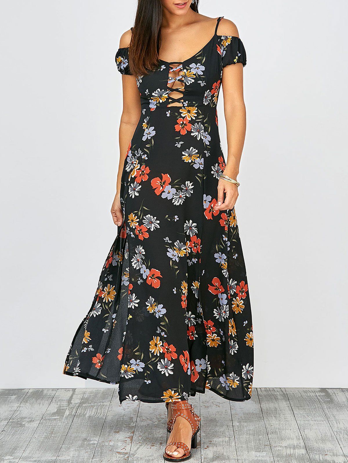 Cold Shoulder Floral Print Slit Maxi Summer Dress, multicolor, XL in ...
