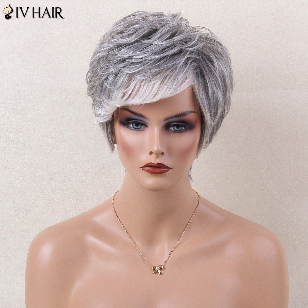 

Siv Hair Layered Colormix Straight Side Bang Short Human Hair Wig, Grey and white