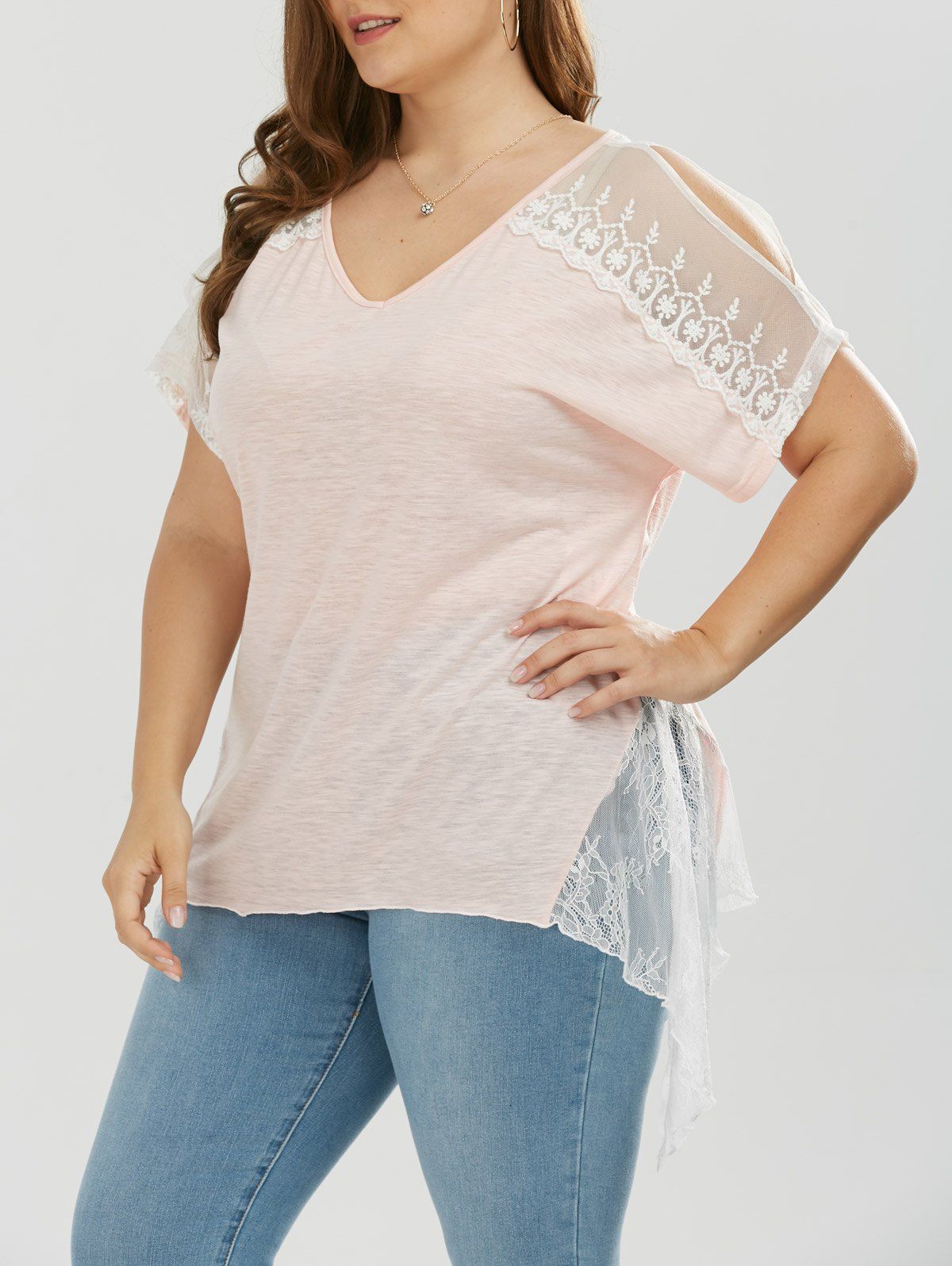 

Plus Size Slit Sleeve Lace Trim T-Shirt, Light apricot pink