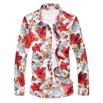 Plus Size Flowers and Leaves Print Long Sleeve Shirt